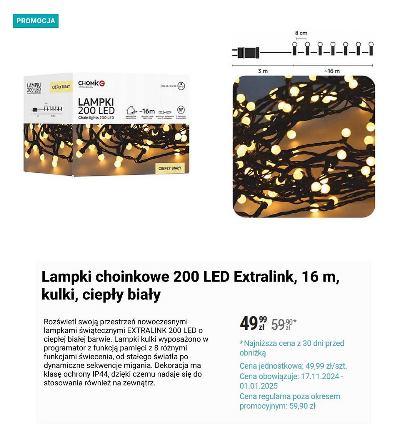 Lampki choinkowe 200 LED Extralink, 16 m, kulki, ciepły biały