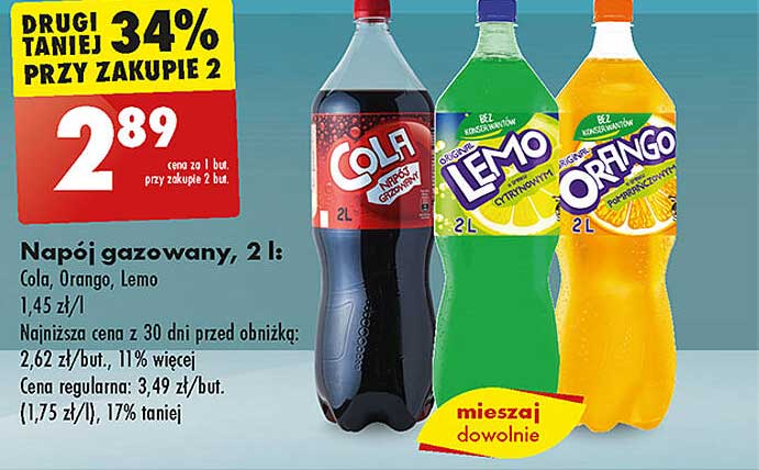 Napoje gazowane, 2 l: Cola, Lemo, Orńgo