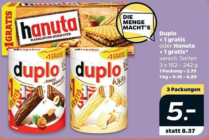 Duplo + 1 gratis lub Hanuta + 1 gratis