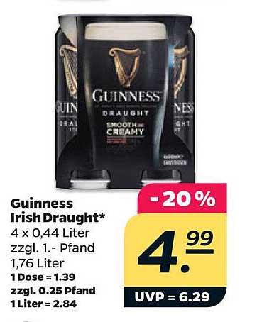 Guinness Irish Draught* 4 x 0,44 Liter