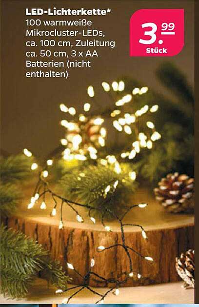 LED-Lichterkette* 100 warmweiße Mikrocluster-LEDs, ca. 100 cm, Zuleitung ca. 50 cm, 3 x AA Batterien (nicht enthalten)