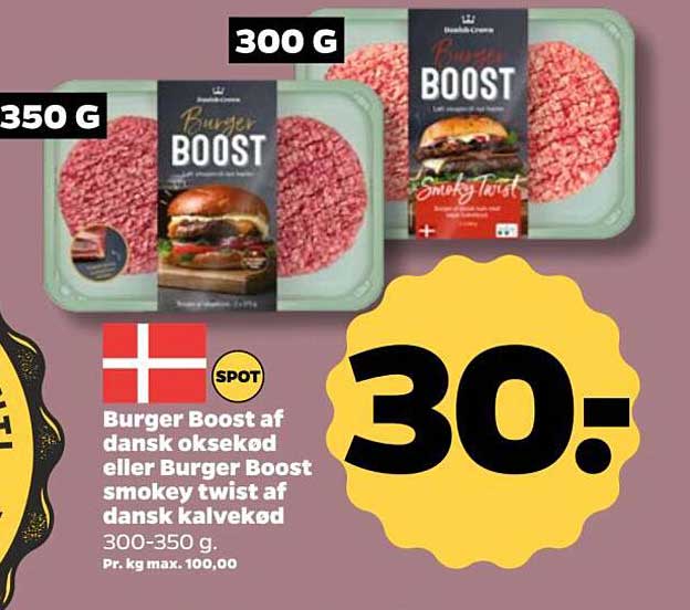 Burger Boost af dansk oksekød eller Burger Boost smokey twist af dansk kalvekød