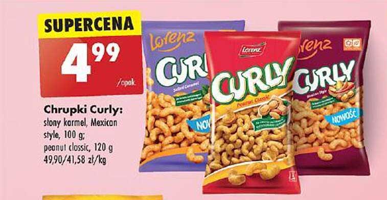 Chrupki Curly: słony karmel, Mexican style, 100 g; peanut classic, 120 g;