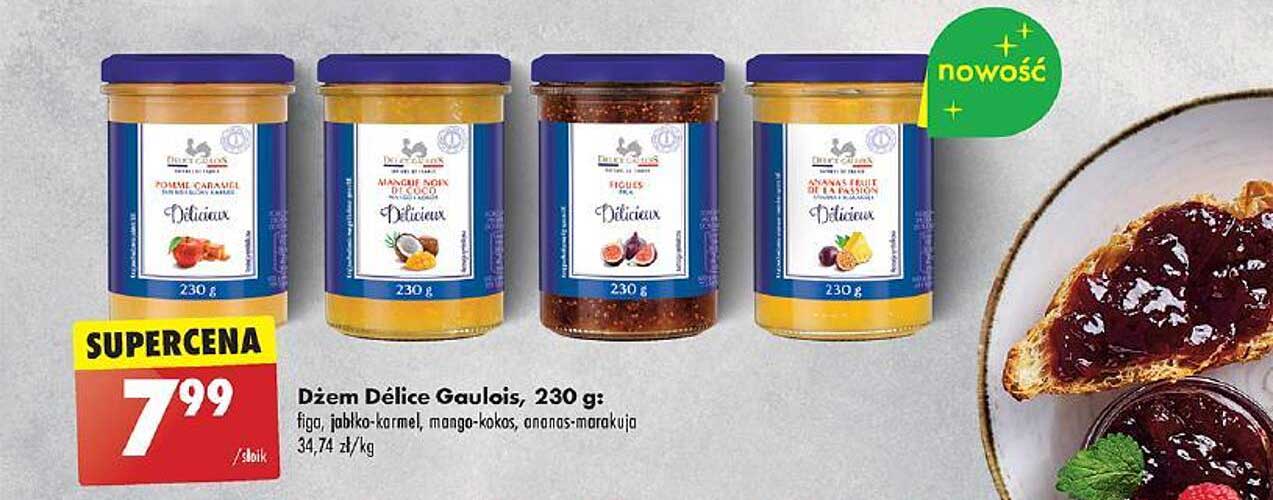 Dżem Délice Gaulois, 230 g: figa, jabłko-karmel, mango-kokos, ananas-marakuja