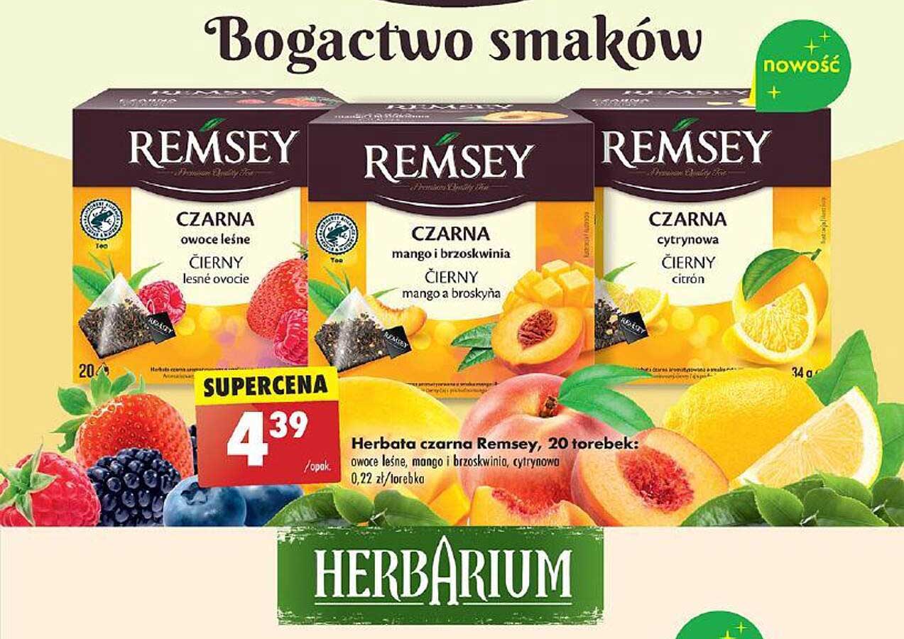 Herbata czarna Remsey, 20 torebek: owoce leśne, mango i brzoskwinia, cytrynowa