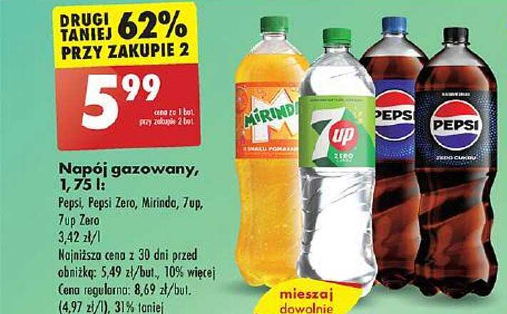 Napój gazowany, 1,75 l: Pepsi, Pepsi Zero, Mirinda, 7up, 7up Zero