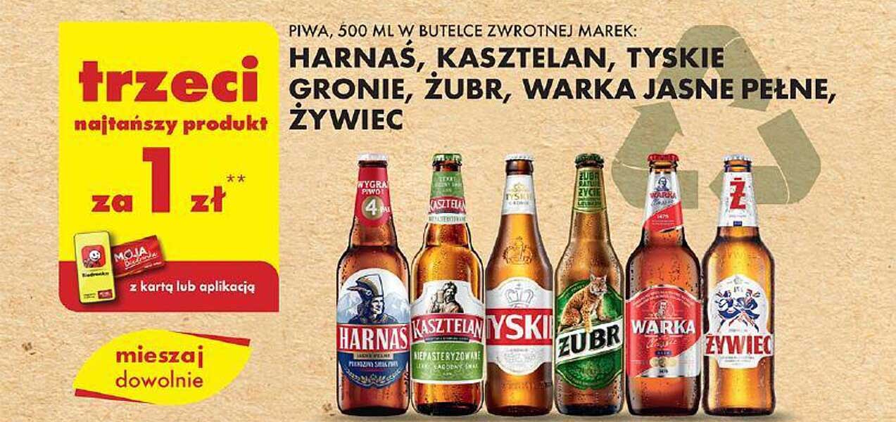 PIWA, 500 ML W BUTELCE ZWROTNEJ MAREK: HARNAŚ, KASZTELAN, TYSKIE, GRONIE, ŻUBR, WARKA JASNE PEŁNE, ŻYWIEC