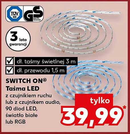 SWITCH ON® Taśma LED z czujnikiem ruchu lub z czujnikiem audio, 90 diod LED, światło białe lub RGB