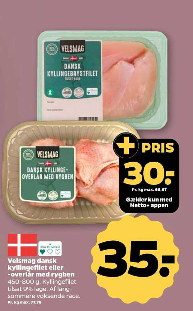 Velsmag dansk kyllingefilet eller -overlår med ryggben