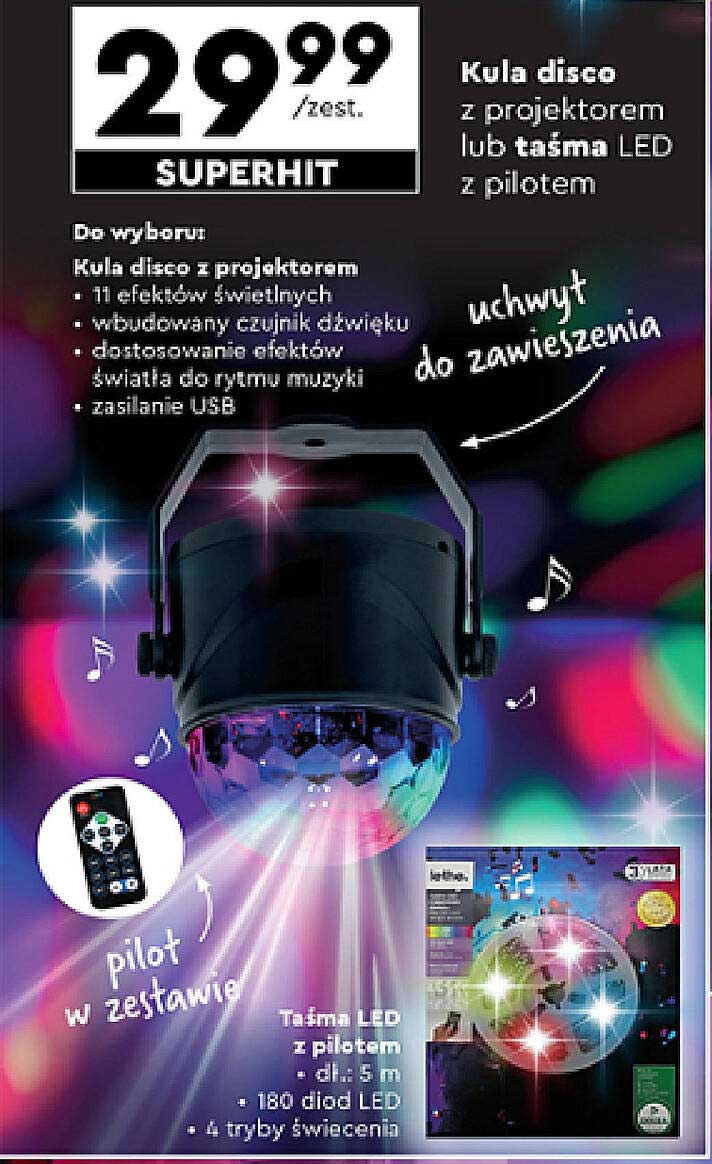 Kula disco z projektorem lub taśma LED z pilotem