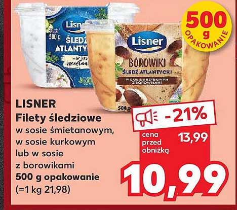 LISNER Filety śledziowe w sosie śmietanowym, w sosie kurkowym lub w sosie z borowikami 500 g opakowanie