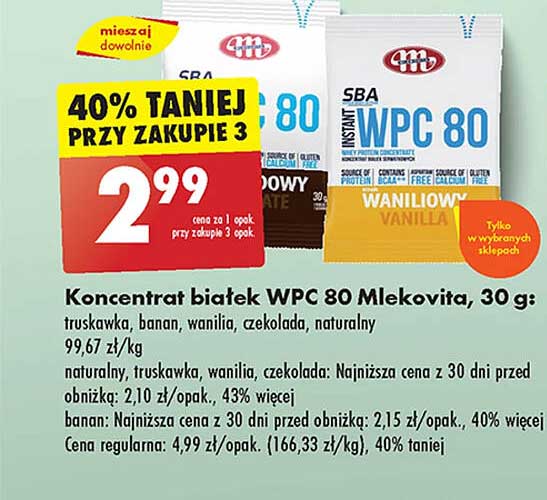 Koncentrat białek WPC 80 Mlekovita, 30 g: truskawka, banan, wanilia, czekolada, naturalny