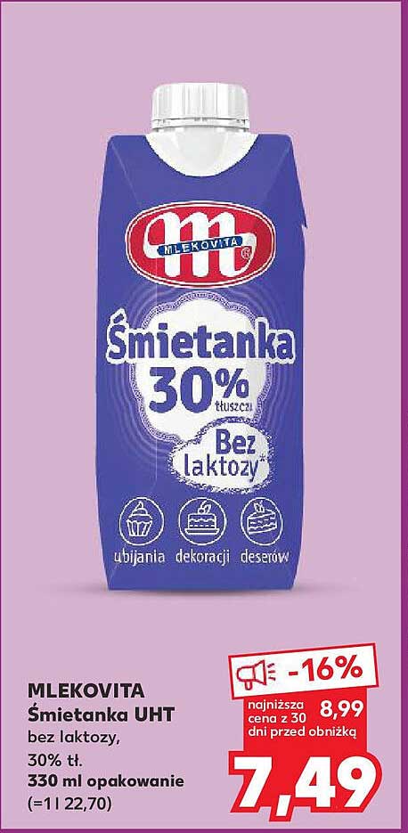MLEKOVITA Śmietanka UHT bez laktozy, 30% tł.