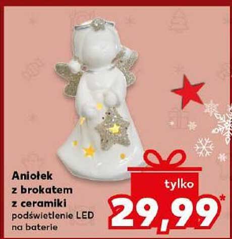 Aniołek z brokatem z ceramiki podświetlenie LED na baterie