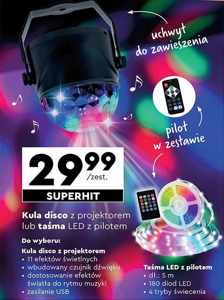 Kula disco z projektorem lub taśma LED z pilotem