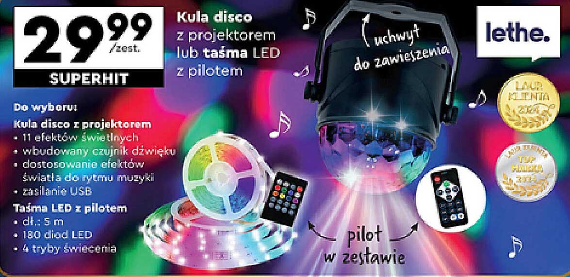 Kula disco z projektorem lub taśma LED z pilotem