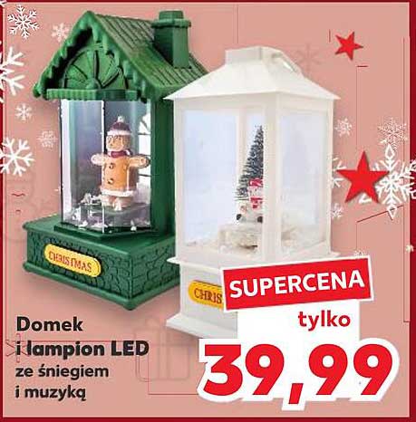 Domek i lampion LED ze śniegiem i muzyką