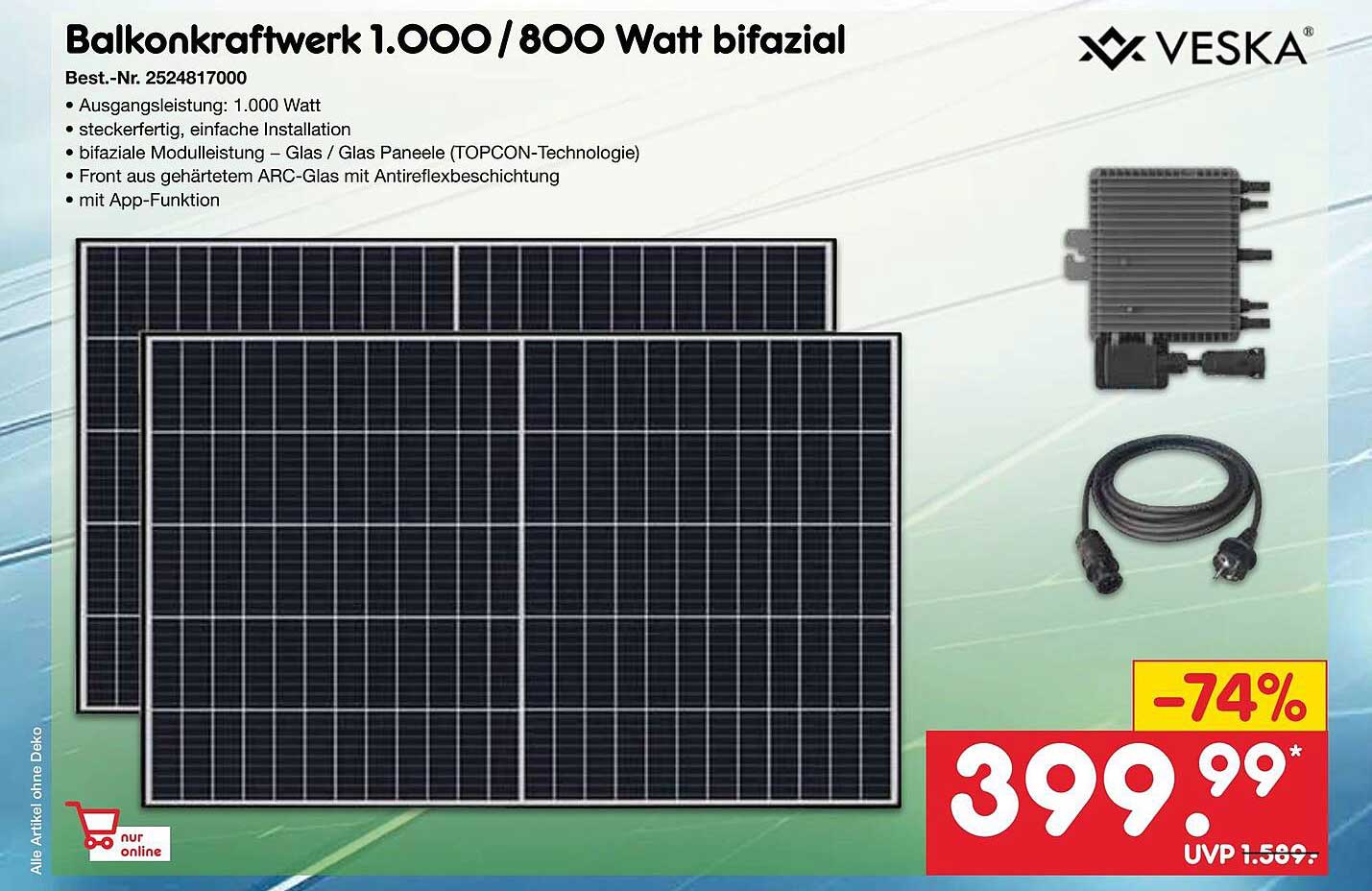 Balkonkraftwerk 1.000 / 800 Watt bifazial