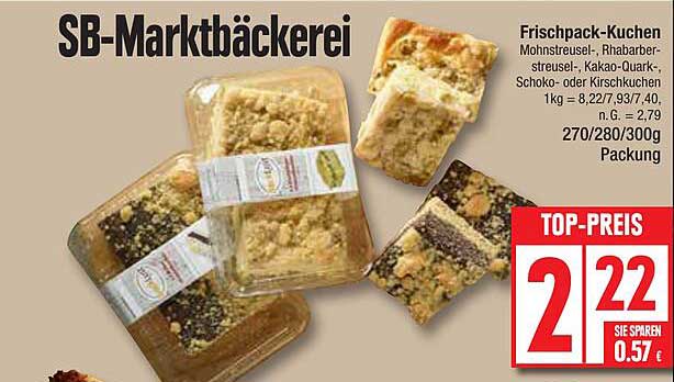 Frischpack-Kuchen Mohnstreusel, Rhabarberstreusel, Kakao-Quark-, Schoko- oder Kirschkuchen