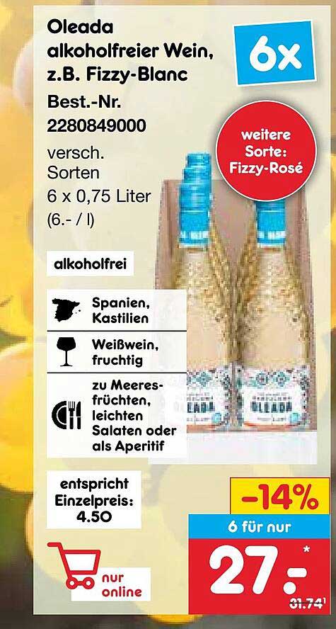 Oleada alkoholfreier Wein, z.B. Fizzy-Blanc