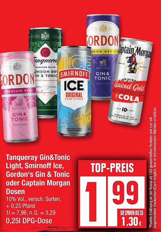 Tanqueray Gin&Tonic Light, Smirnoff Ice, Gordon‘s Gin & Tonic oder Captain Morgan Dosen