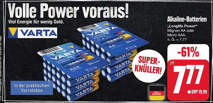 VARTA Alkaline-Batterien „Longlife Power“ Mignon AA oder Micro AAA