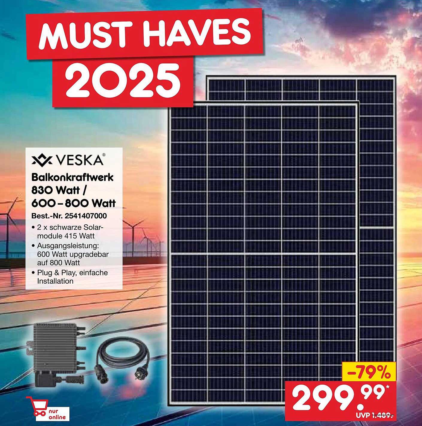 VESKA Balkon kraftwerk 830 Watt / 600–800 Watt