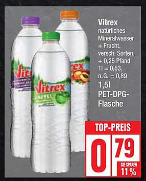 Vitrex natürliches Mineralwasser + Frucht, versch. Sorten, 1,5l PET-DPG-Flasche