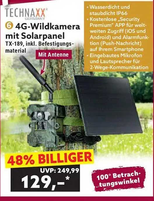 4G-Wildkamera mit Solarpanel TX-189, inkl. Befestigungsmaterial