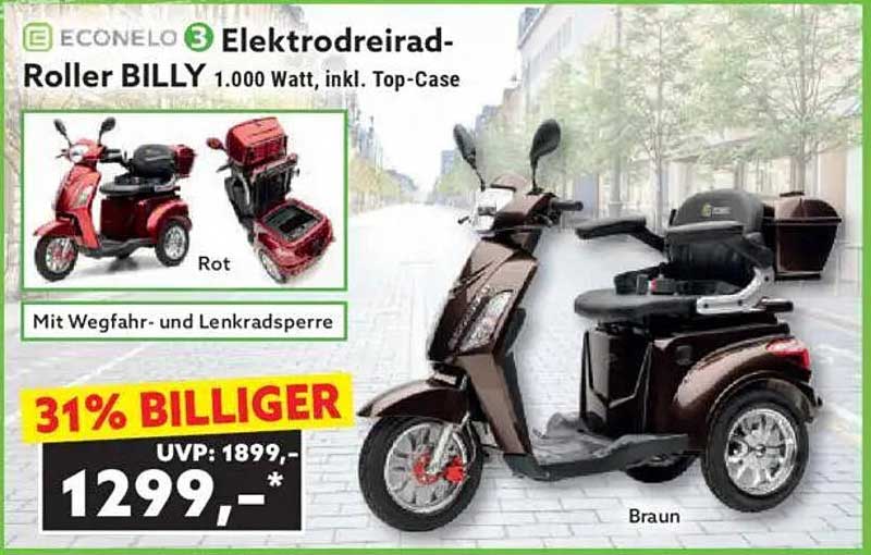 Econelo 3 Elektrodreirad-Roller BILLY 1.000 Watt, inkl. Top-Case