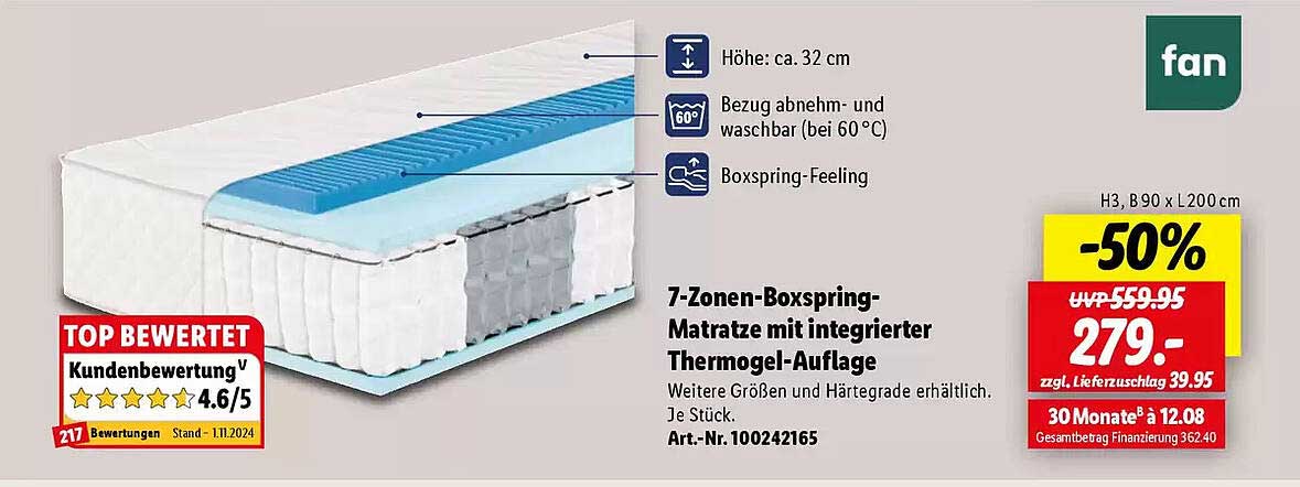 7-Zonen-Boxspring-Matratze mit integrierter Thermogel-Auflage