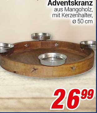 Adventskranz aus Mangoholz, mit Kerzenhalter, ø 50 cm