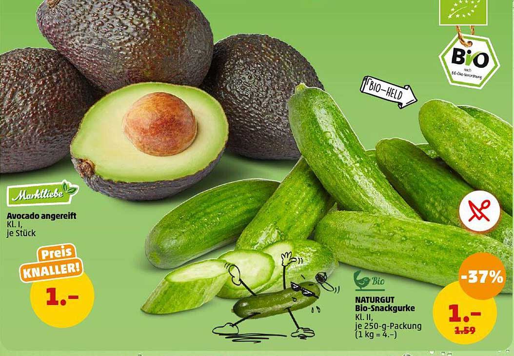 Avocado angereift Kl. I, je Stück  
NATURGUT Bio-Snackgurke Kl. II, je 250-g-Packung