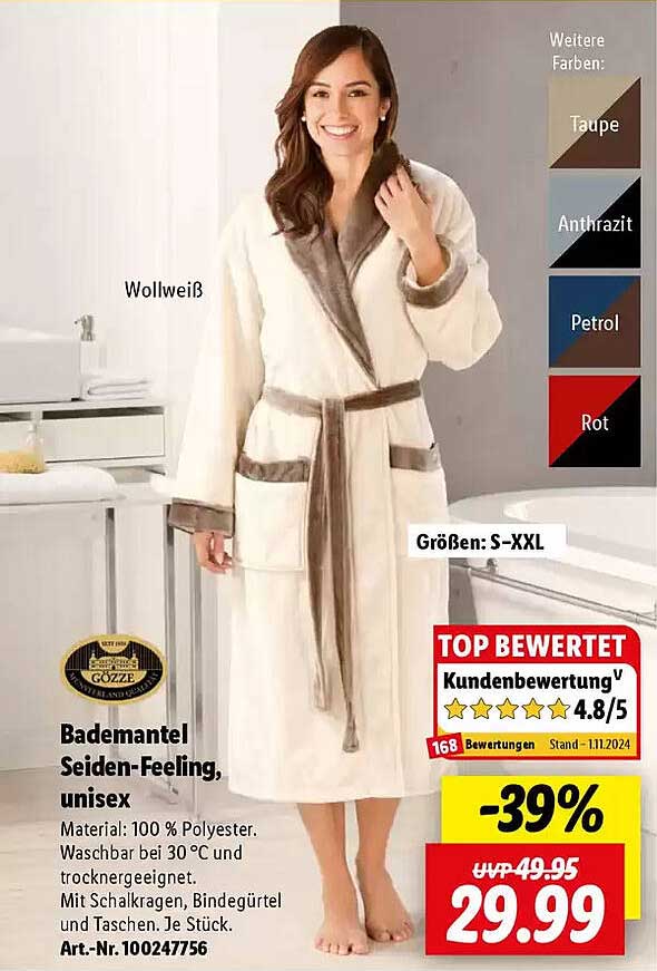 Bademantel Seiden-Feeling, unisex