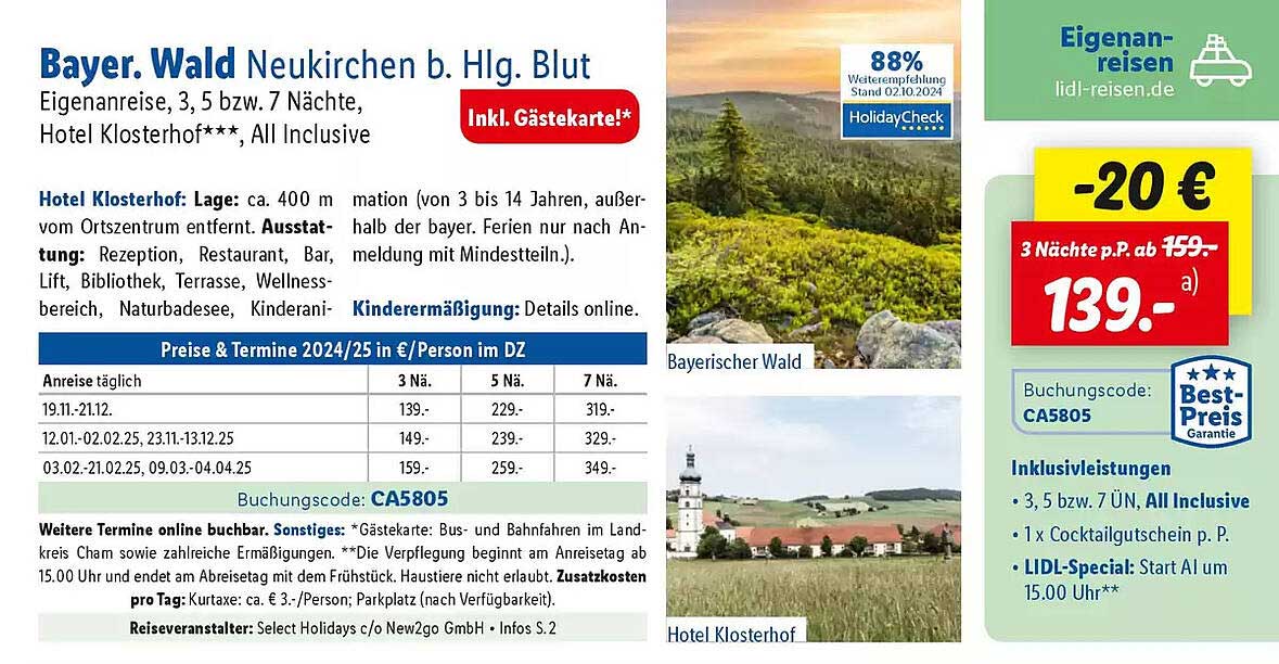 Bayer. Wald Neukirchen b. Hlg. Blut Eigenanreise, 3, 5 bzw. 7 Nächte, Hotel Klosterhof****, All Inclusive