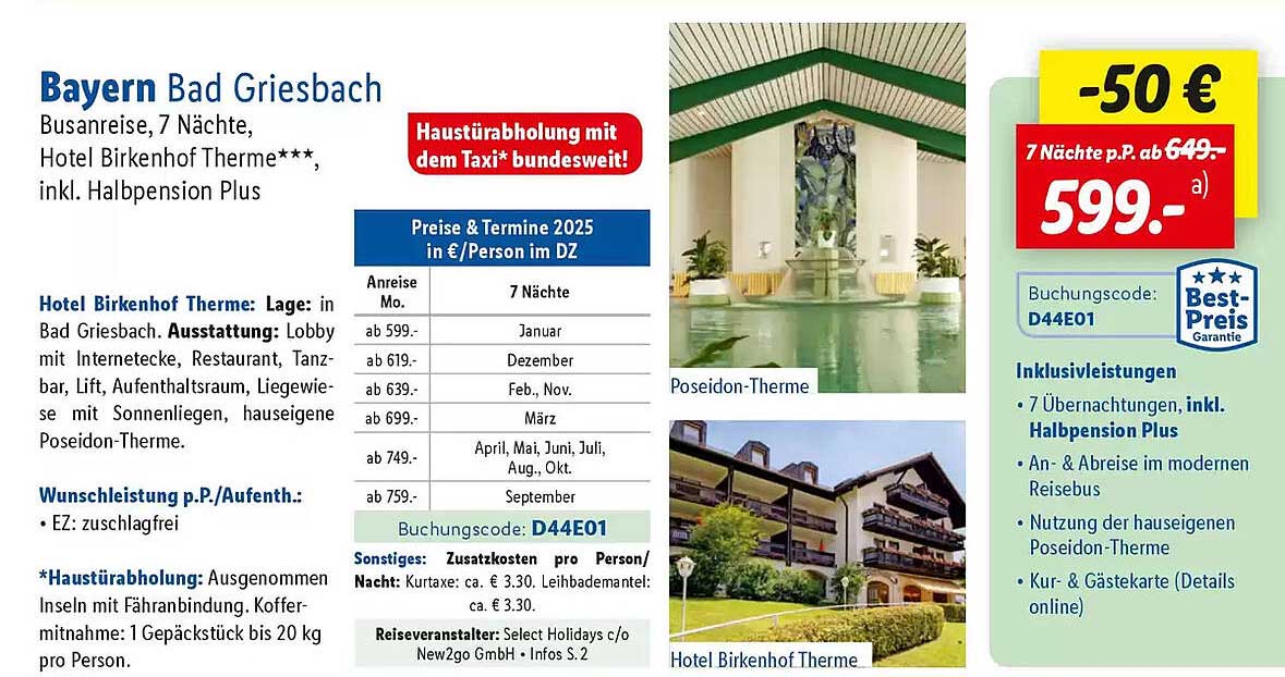 Bayern Bad Griesbach Busanreise, 7 Nächte, Hotel Birkenhof Therme***, inkl. Halbpension Plus