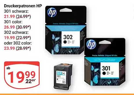 Druckerpatronen HP 301 schwarz: 21.99* 301 color: 26.99* 302 schwarz: 19.99* oder 302 color: 23.99*