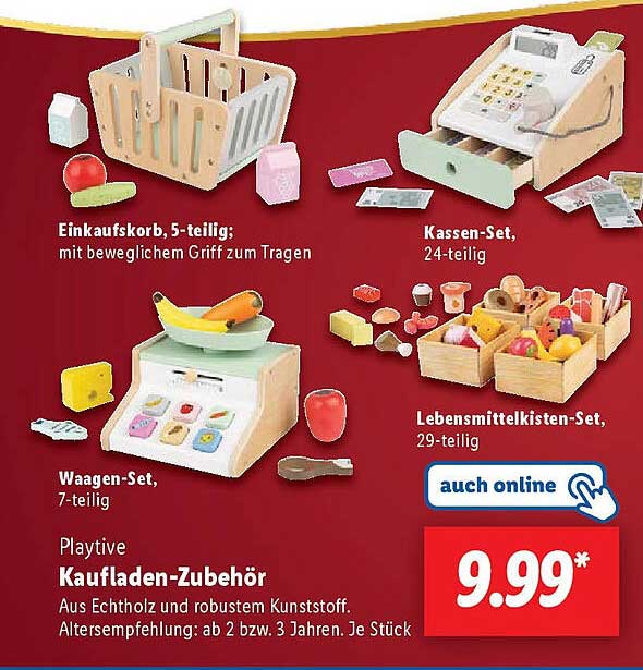 Einkaufskorb, 5-teilig  
Kassen-Set, 24-teilig  
Lebensmittelkisten-Set, 29-teilig  
Waagen-Set, 7-teilig  
Playtive Kaufladen-Zubehör  