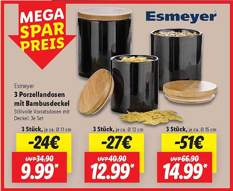 Esmeyer 3 Porzellandosen mit Bambusdeckel