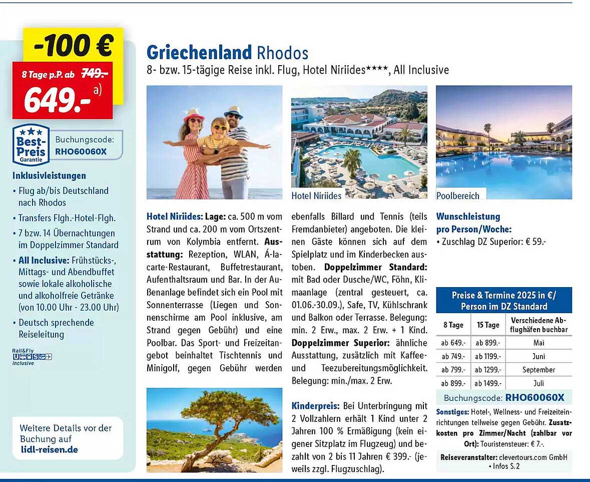 Griechenland Rhodes 8- bzw. 15-tägige Reise inkl. Flug, Hotel Nirides****, All Inclusive