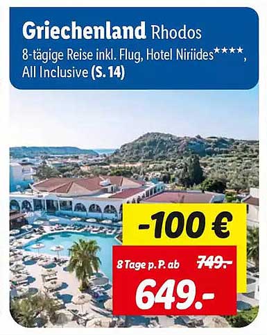 Griechenland Rhodos 8-tägige Reise inkl. Flug, Hotel Niirides****, All Inclusive