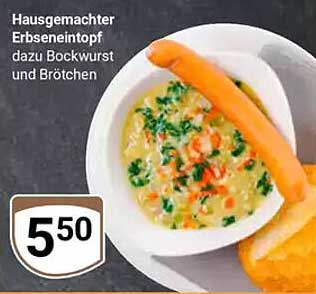 Hausgemachter Erbseneintopf dazu Bockwurst und Brötchen