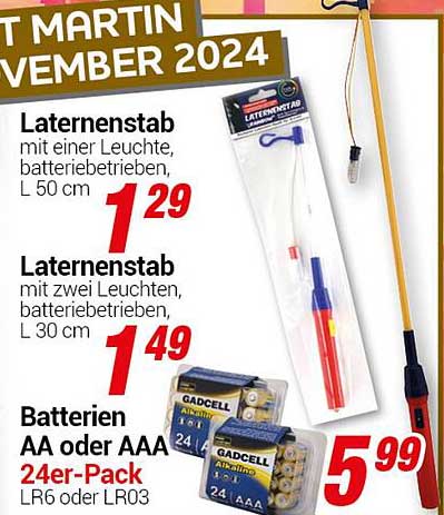 Laternenstab mit einer Leuchte, batteriebetrieben, L 50 cm  
Laternenstab mit zwei Leuchten, batteriebetrieben, L 30 cm  
Batterien AA oder AAA 24er-Pack