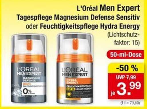 L'Oréal Men Expert Tagespflege Magnesium Defense Sensitiv oder Feuchtigkeitspflege Hydra Energy