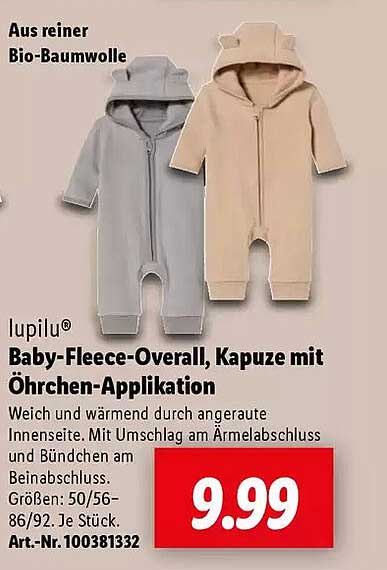 lupilu® Baby-Fleece-Overall, Kapuze mit Öhrchen-Applikation