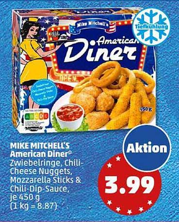 MIKE MITCHELL'S American Diner® Zwiebelringe, Chili-Cheese Nuggets, Mozzarella Sticks & Chili-Dip-Sauce