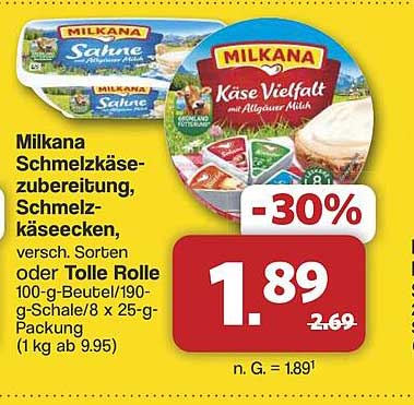 Milkana Schmelzkäse- zubereitung, Schmelzkäseecken, versch. Sorten oder Tolle Rolle