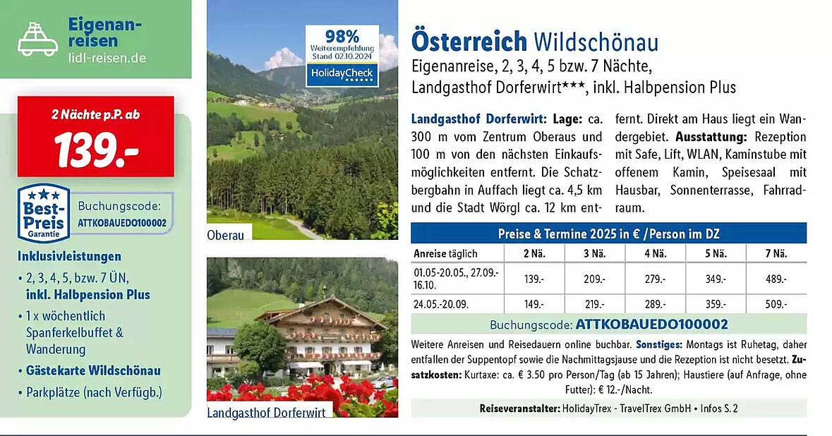 Österreich Wildschönau Eigenanreise, 2, 3, 4, 5 bzw. 7 Nächte, Landgasthof Dorferwirt***, inkl. Halbpension Plus