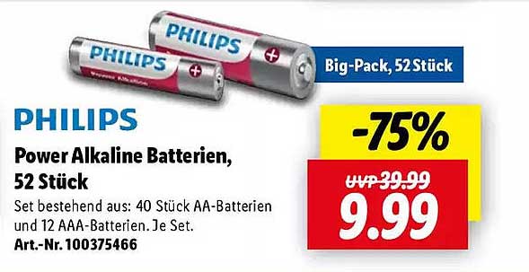 PHILIPS Power Alkaline Batterien, 52 Stück