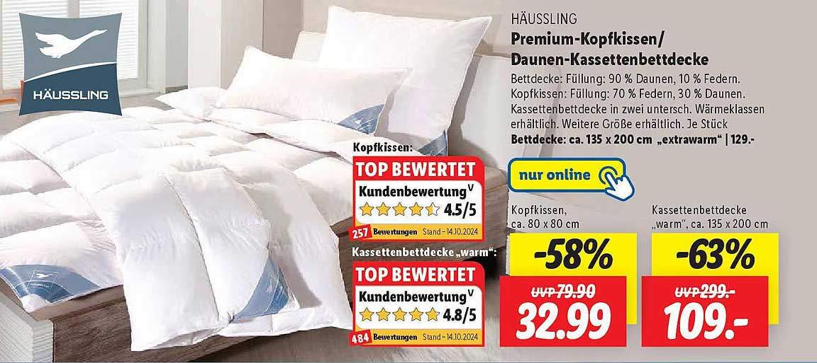 Premium-Kopfkissen/Daunen-Kassettenbettdecke